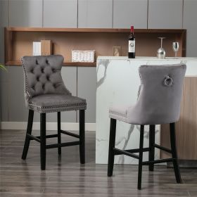 Contemporary Velvet Upholstered Barstools with Button Tufted Decoration and Wooden Legs, and Chrome Nailhead Trim, Leisure Style Bar Chairs,Bar s