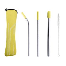 5pcs Set Stainless Steel Straws; Reusable Metal Straws With Silicone Tips; Sturdy Bent Straight Drinks Straw; Food Grade Straw; With 3pcs Straws; (Color: Yellow)