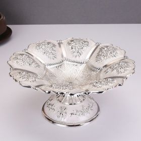 Gold Fruit Basket Flower Shape Festival Alloy Candy Food Nut Fruit High Storage Basket Wedding Home Desktop Tray Decoration (Color: Silver, Plate Size: 7.08 inches)