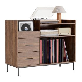 Record Player Stand With Adjustable Shelves, Holds 350 Vinyls, Media Console With Speaker Shelf & 2 Drawers, 27.6 Turntable TV Stand For Living R (Option: Brown)